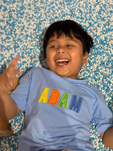 Load image into Gallery viewer, Personalised Multicolour Blue Kids Tshirt