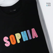 Load image into Gallery viewer, Personalised Black Kids T-shirt in Girl Rainbow