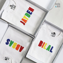 Load image into Gallery viewer, Personalised White Kids Tshirt in Boy Rainbow
