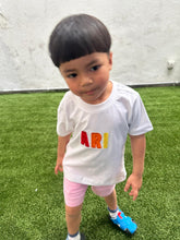Load image into Gallery viewer, Personalised White Kids Tshirt in Boy Rainbow