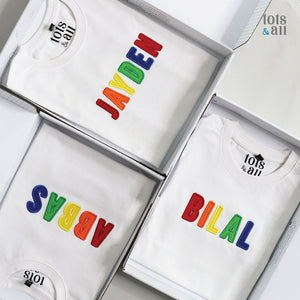 Personalised White Kids Tshirt in Boy Rainbow