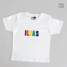 Load image into Gallery viewer, Personalised White Kids Tshirt in Boy Rainbow
