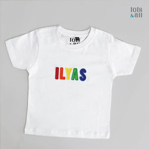 Personalised White Kids Tshirt in Boy Rainbow