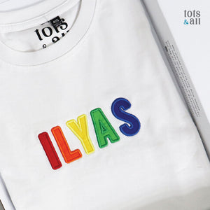 Personalised White Kids Tshirt in Boy Rainbow