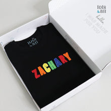 Load image into Gallery viewer, Personalised Black Kids Tshirt in Boy Rainbow
