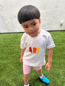 Personalised White Kids Tshirt in Boy Rainbow