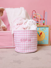 Load image into Gallery viewer, Personalised Storage Basket in Pink Gingham looks
