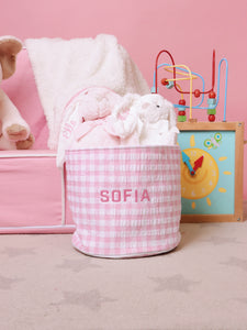 Personalised Storage Basket in Pink Gingham looks